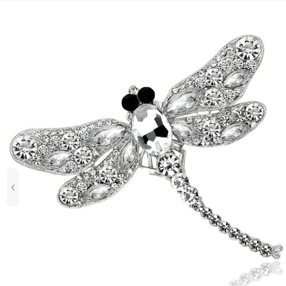Clear Crystal 4" Dragonfly Brooch Pin Silver Tone - Picture 1 of 1